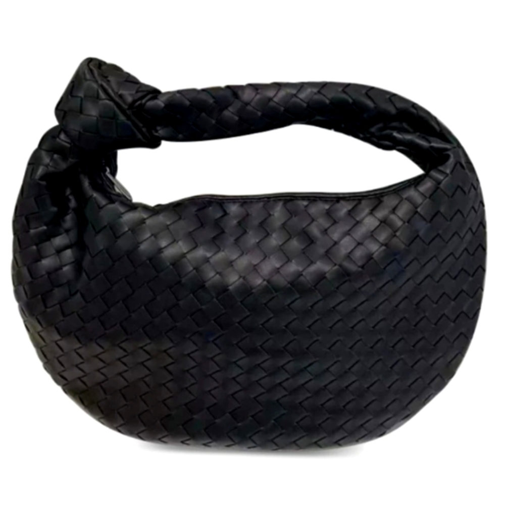 Designer Inspired (Black) Woven Knot Handle Tote Bag (Like New Condition)